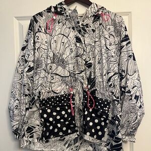 MARY KATRANTZOU Monochrome Floral Print Raincoat with Polka Dots